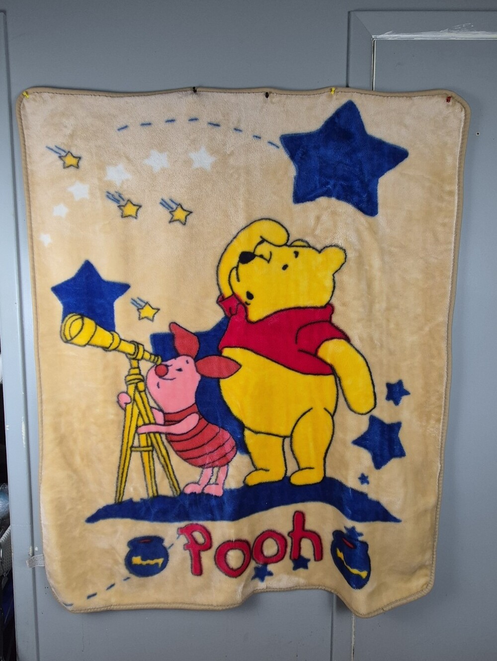 Vintage 90s Winnie the Pooh Fleece Blanket Gold Plush 54" x 44" Soft Throw